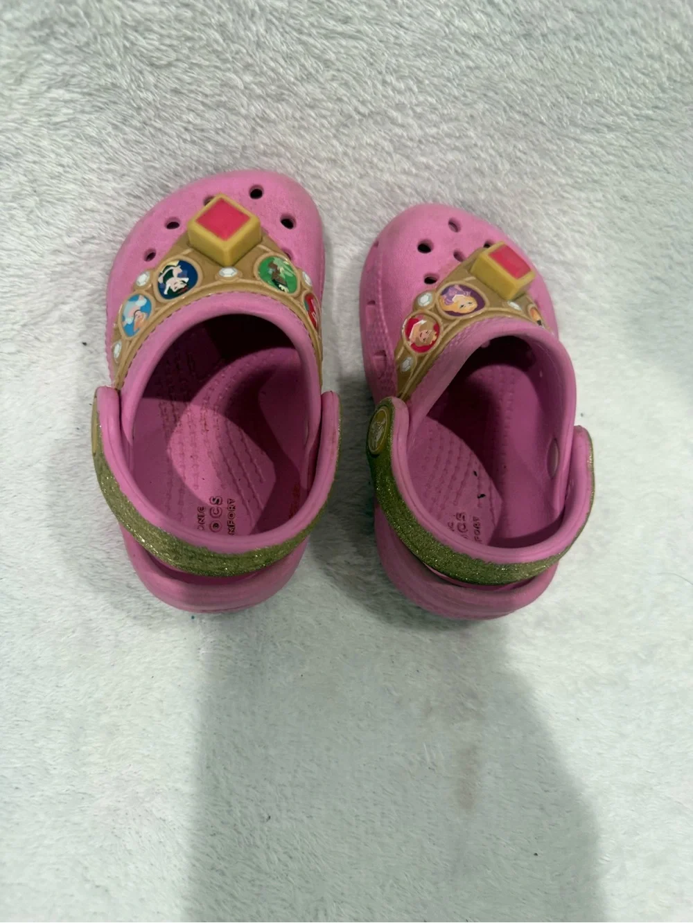 CROCS Kids Pink Clog Sandals with Gold Princess Accents